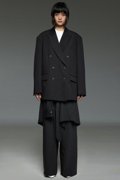 Black Blazer and Wrapped-Shirt Trouser Suit Set
