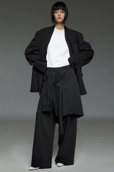 Black Blazer and Wrapped-Shirt Trouser Suit Set