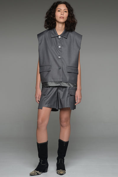 Dark Gray Satin Trimmed Vest and Shorts Match Set