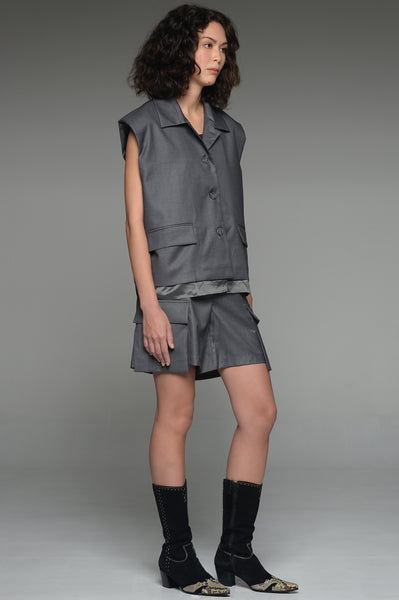 Dark Gray Satin Trimmed Vest and Shorts Match Set