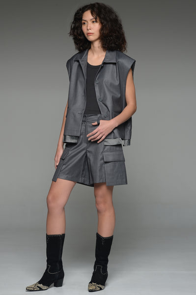 Dark Gray Satin Trimmed Vest and Shorts Match Set