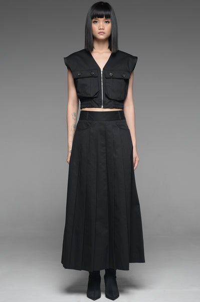 Black Utility Vest and Pleated Skirt Match Set