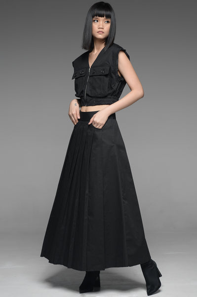 Black Utility Vest and Pleated Skirt Match Set