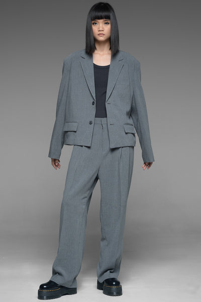 Gray Single Breasted Cropped Jacket and Trousers Set