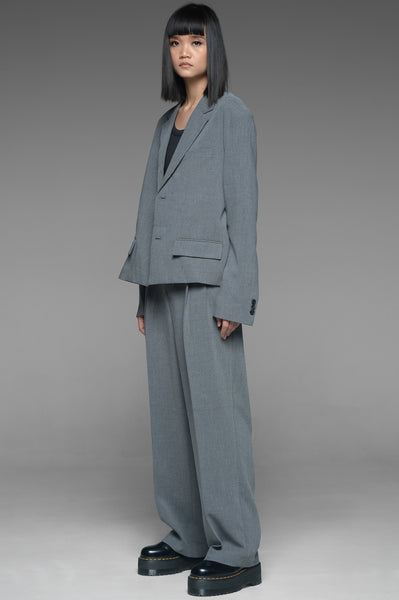 Gray Single Breasted Cropped Jacket and Trousers Set