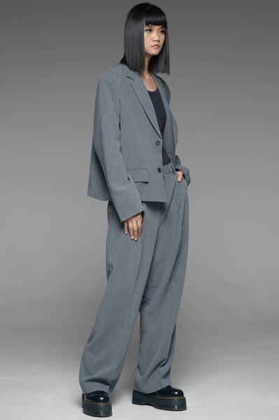 Gray Single Breasted Cropped Jacket and Trousers Set