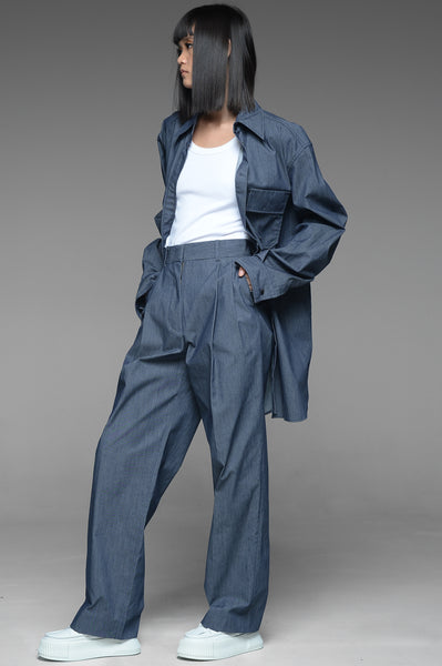Chambray Oversized Button-Down Shirt and Trousers Match Set
