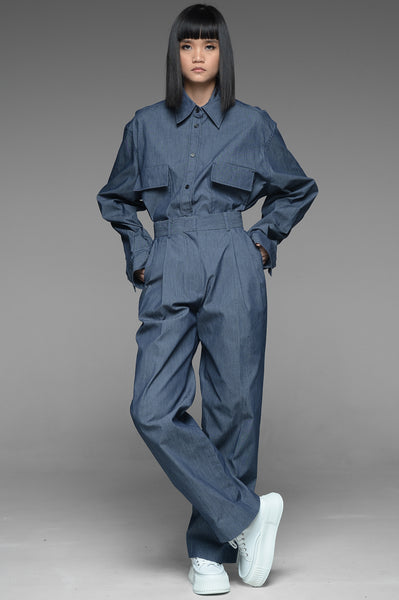 Chambray Oversized Button-Down Shirt and Trousers Match Set