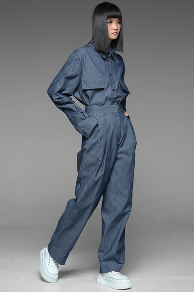 Chambray Oversized Button-Down Shirt and Trousers Match Set
