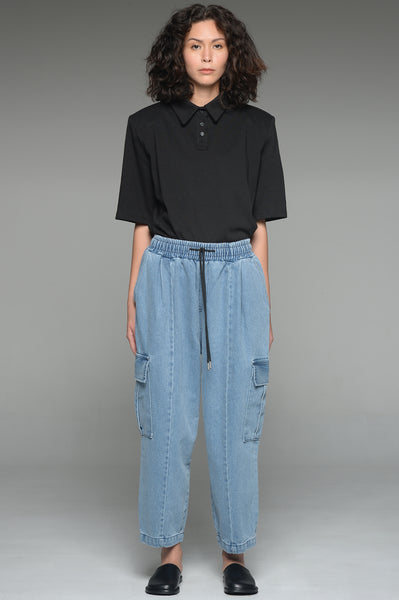 Light Wash Blue Denim Cargo Trousers