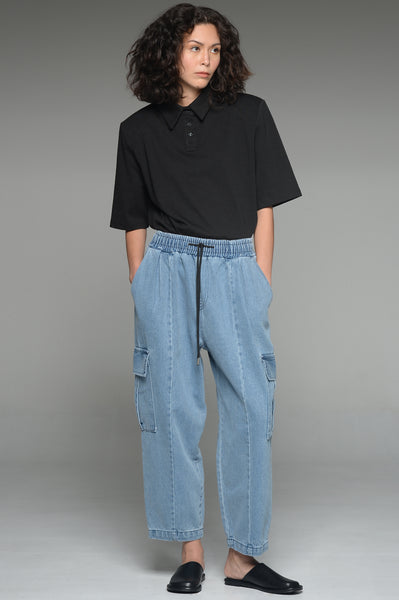 Light Wash Blue Denim Cargo Trousers