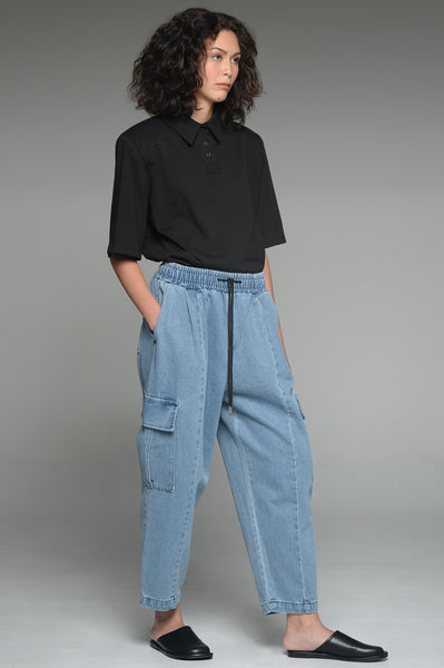 Light Wash Blue Denim Cargo Trousers