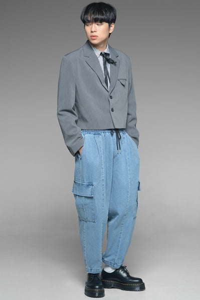 Light Wash Blue Denim Cargo Trousers