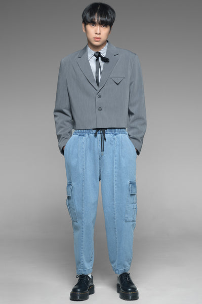 Light Wash Blue Denim Cargo Trousers