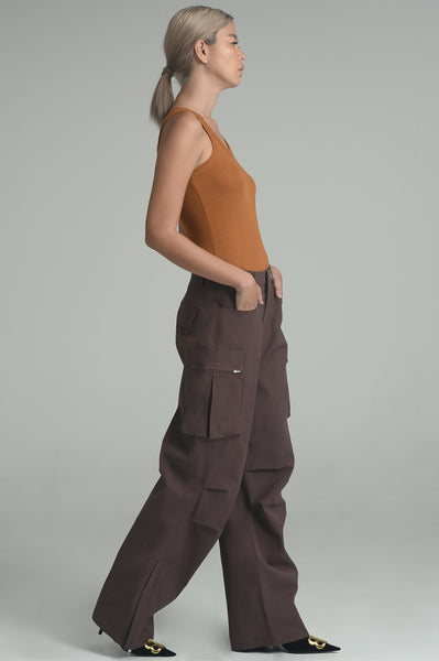Dark Brown Wide-Leg Cargo Trousers