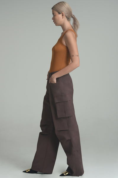 Dark Brown Wide-Leg Cargo Trousers