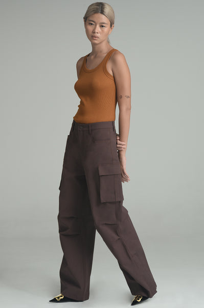 Dark Brown Wide-Leg Cargo Trousers