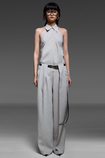 French Gray Collared-Halter And Trousers Match Set