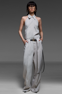 French Gray Collared-Halter And Trousers Match Set