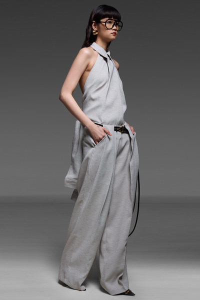 French Gray Collared-Halter And Trousers Match Set
