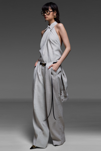 French Gray Collared-Halter And Trousers Match Set