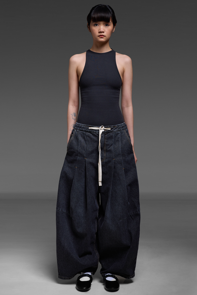 Black Denim Double Pleat Trousers
