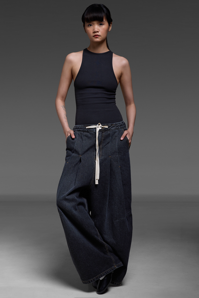 Black Denim Double Pleat Trousers