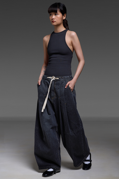 Black Denim Double Pleat Trousers