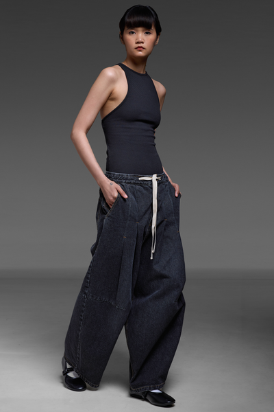 Black Denim Double Pleat Trousers
