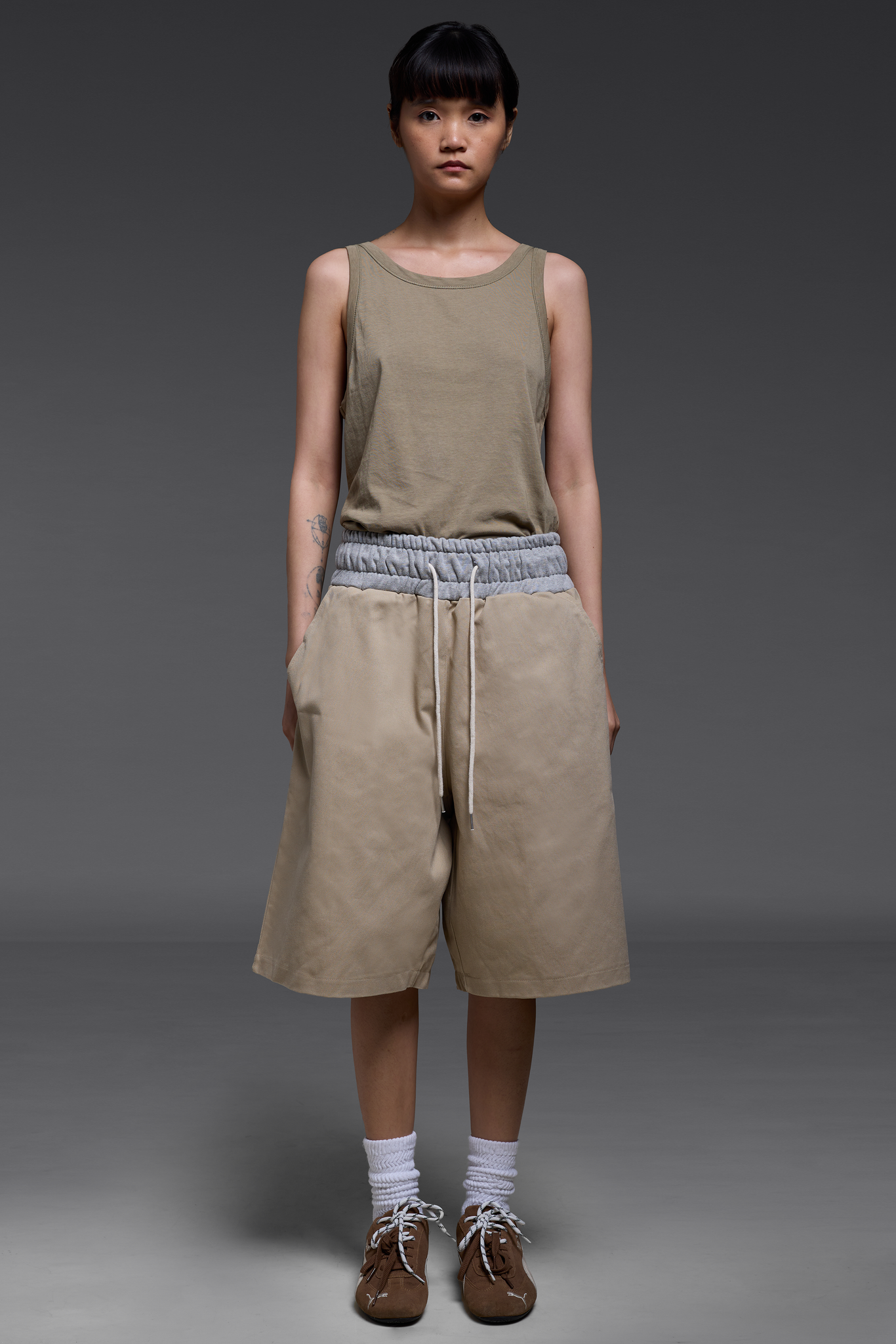 Khaki Contrast Waistband Shorts