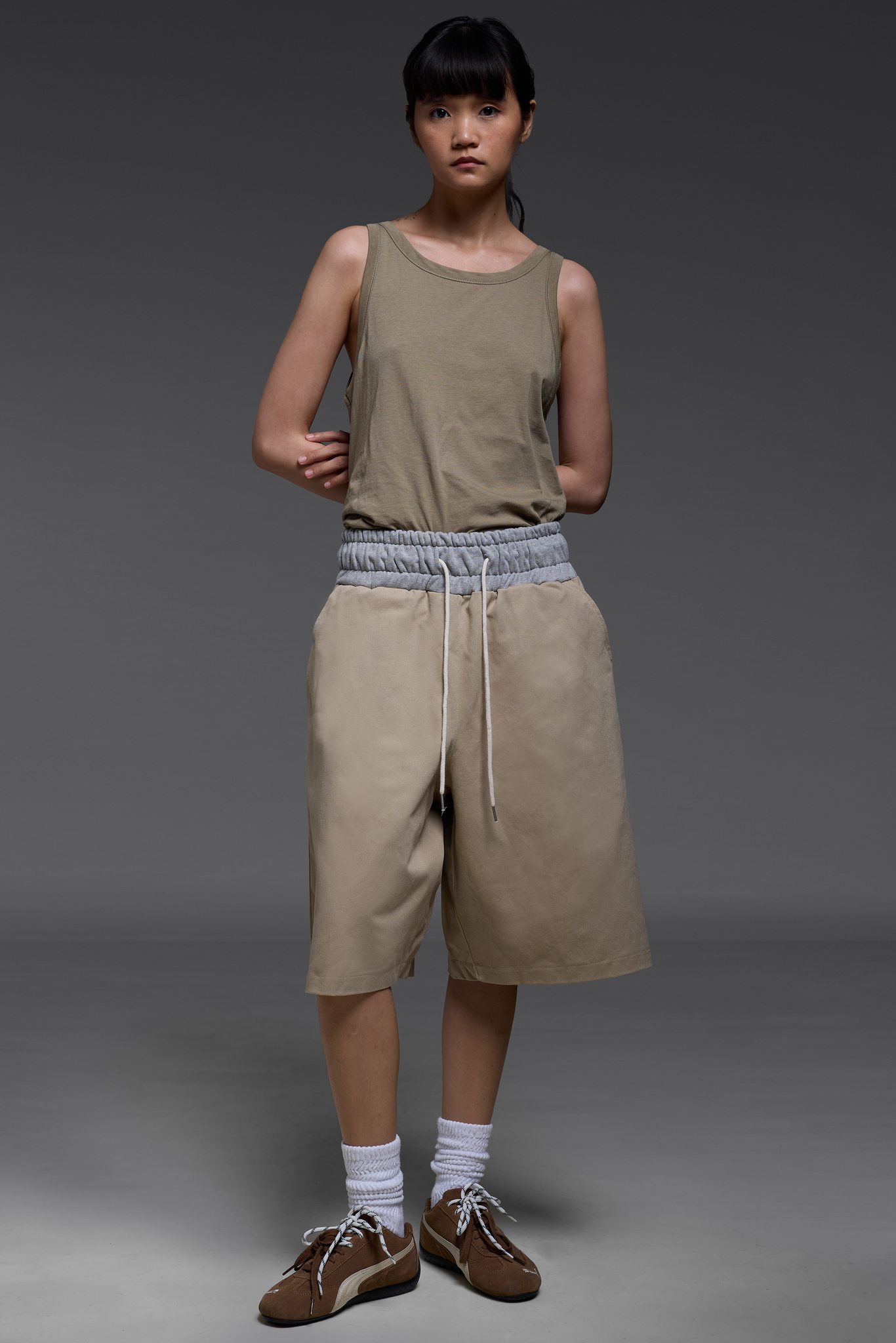 Khaki Contrast Waistband Shorts