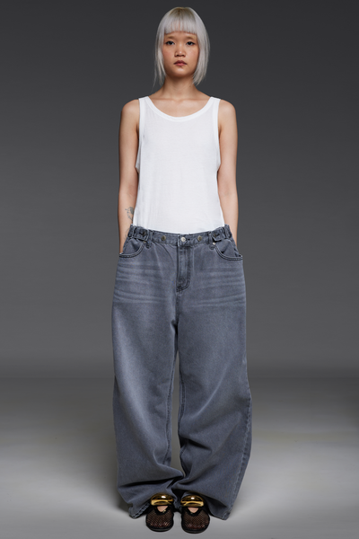 Gray Three-Button Adjustable Waist Denim Trousers