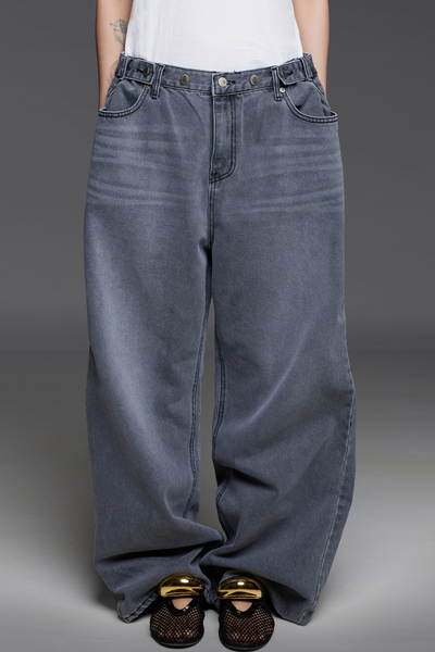 Gray Three-Button Adjustable Waist Denim Trousers