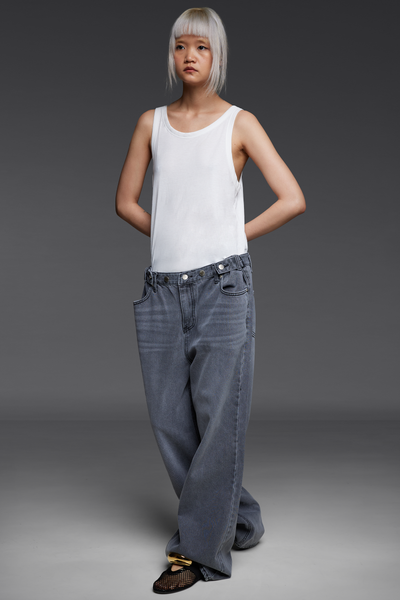 Gray Three-Button Adjustable Waist Denim Trousers