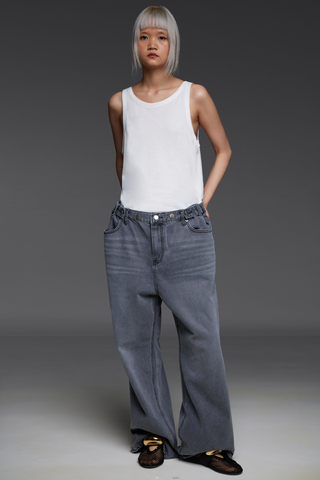 Gray Three-Button Adjustable Waist Denim Trousers