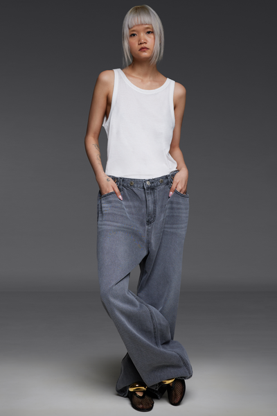 Gray Three-Button Adjustable Waist Denim Trousers