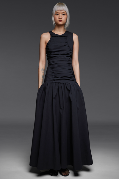 Black Dropped Waist Long Dress