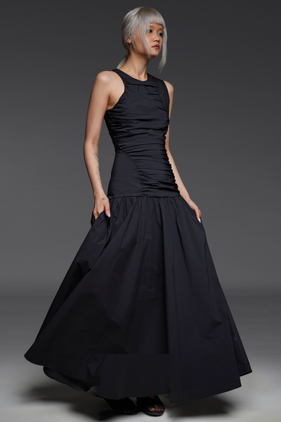 Black Dropped Waist Long Dress