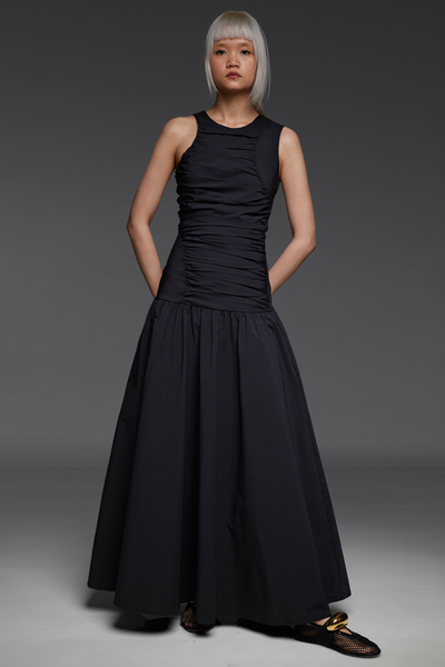 Black Dropped Waist Long Dress