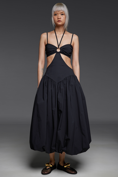 Black Four-Strap Cut-Out Bubble Dress