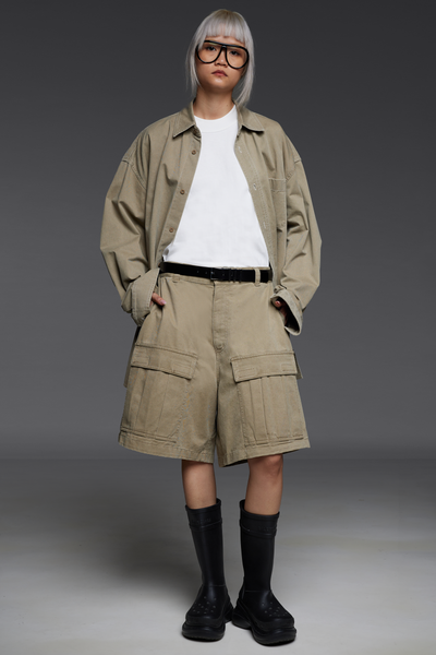 Khaki Twill Button-Down Shirt and Shorts Match Set