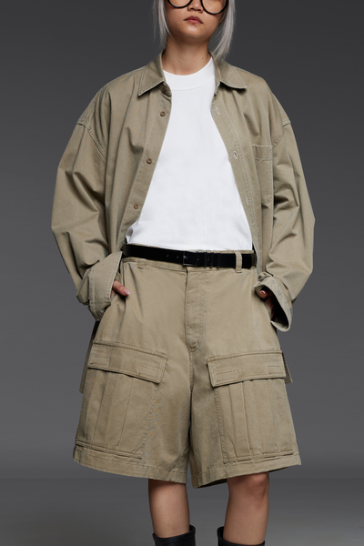 Khaki Twill Button-Down Shirt and Shorts Match Set