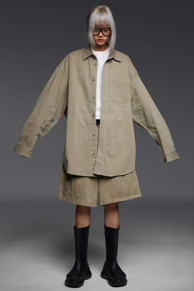 Khaki Twill Button-Down Shirt and Shorts Match Set