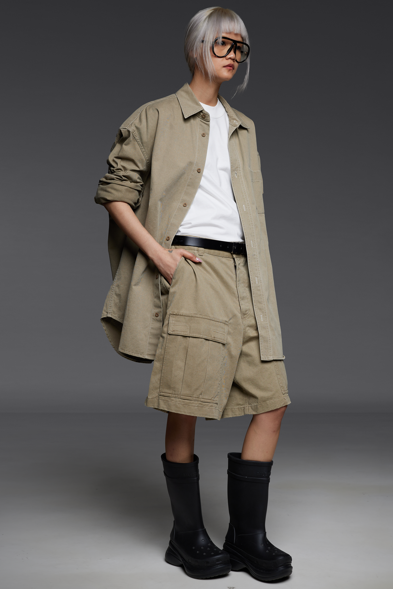 Khaki Twill Button-Down Shirt and Shorts Match Set