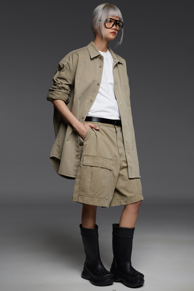 Khaki Twill Button-Down Shirt and Shorts Match Set