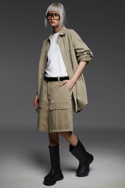 Khaki Twill Button-Down Shirt and Shorts Match Set