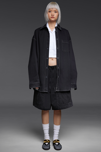 Black Twill Button-Down Shirt and Shorts Match Set