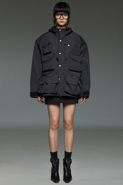 Black Multi-Pocket Utility Parka