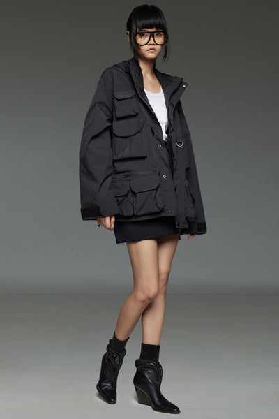 Black Multi-Pocket Utility Parka