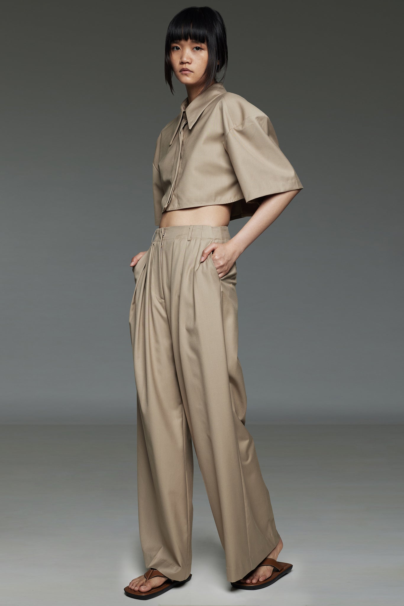 Khaki Boxy Cropped Top and Trouser Set